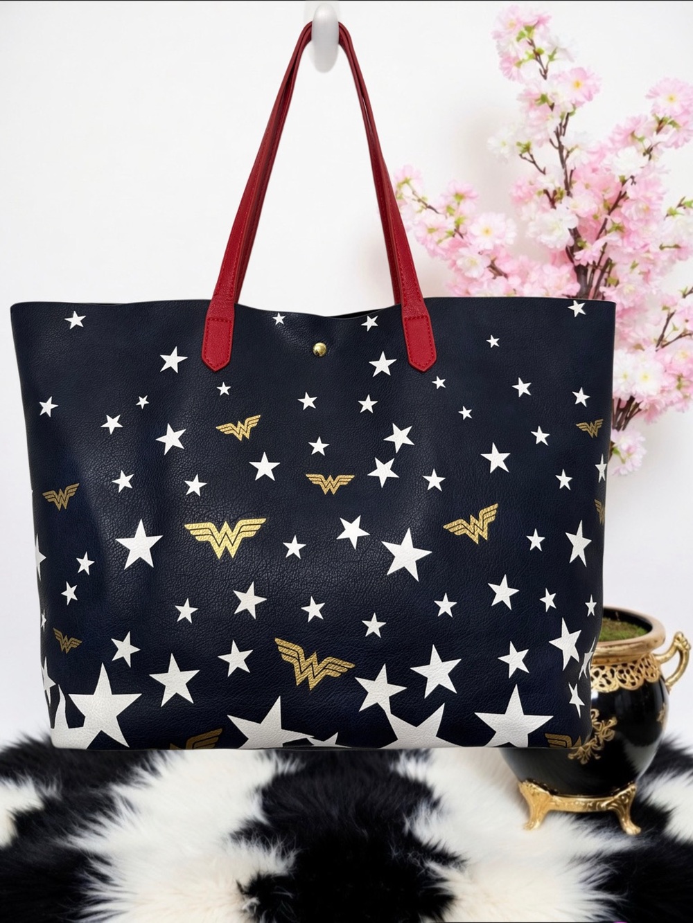 Bioworld Navy Star Print Tote with Red Handles